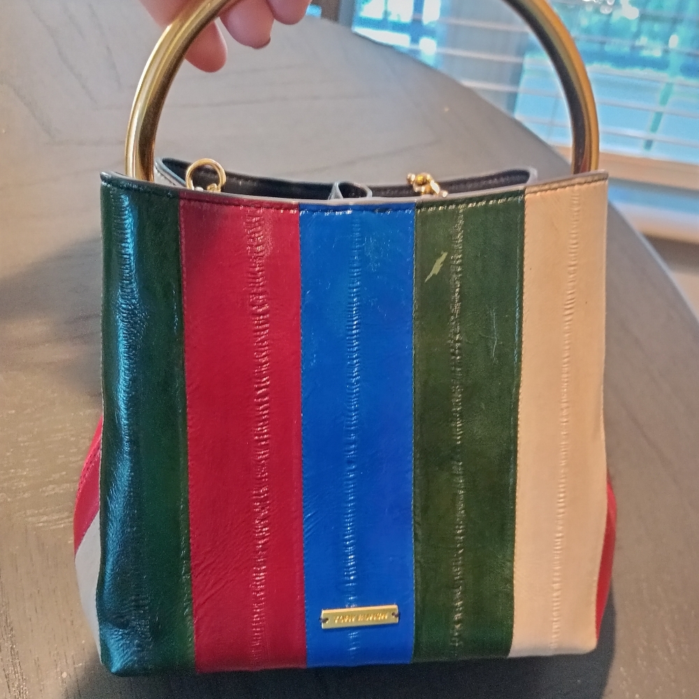 Tory Burch Green, Blue Red And Cream Striped Tote with Gold Handle